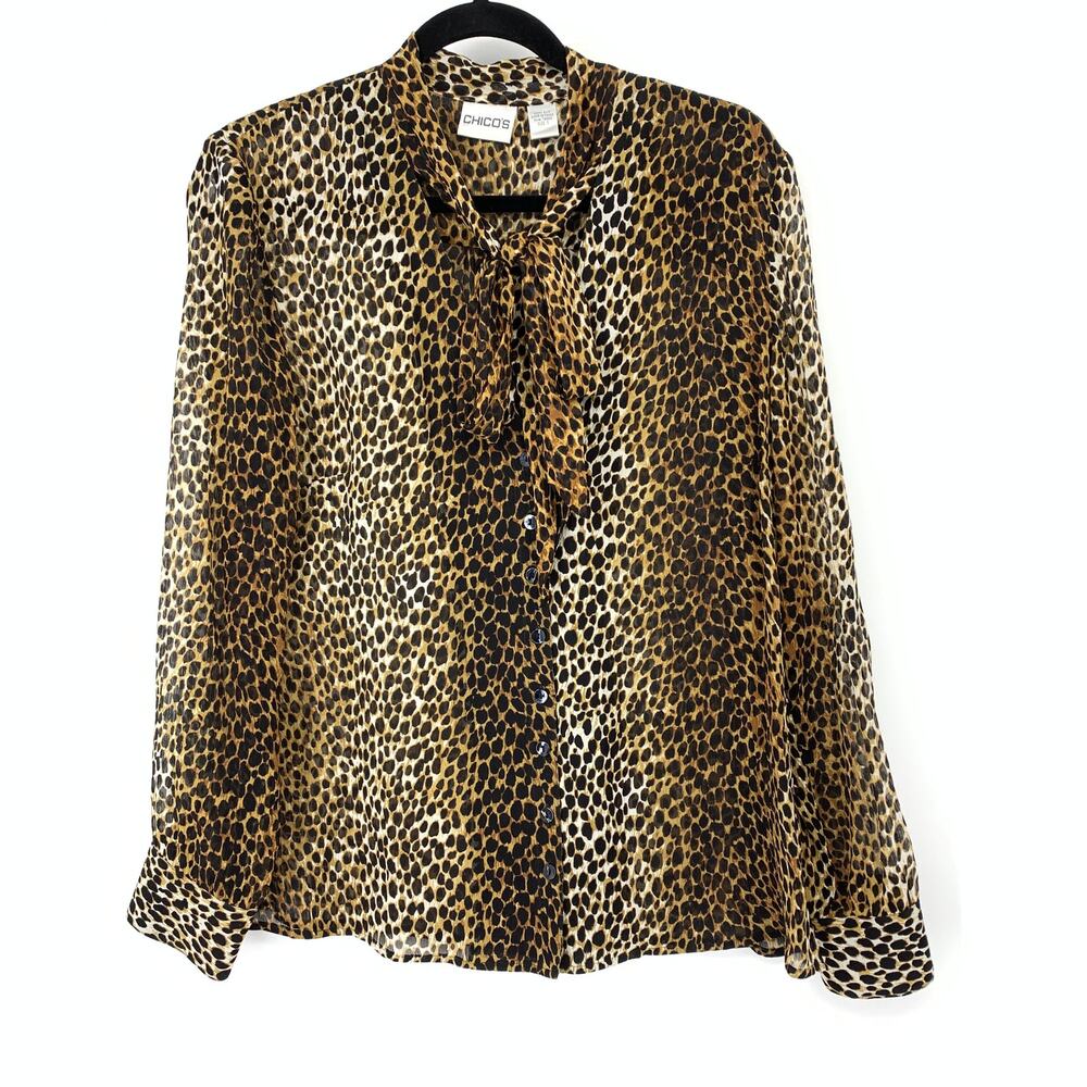 Chicos Tie Neck Semi Sheer Blouse Womens Sz 1 US Sz M Brown Black Leopard Print